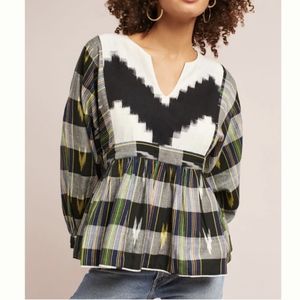 NWT Norblack Norwhite | Anthro Mixed Ikat Cotton Top Peplum Sm Petite Colorful